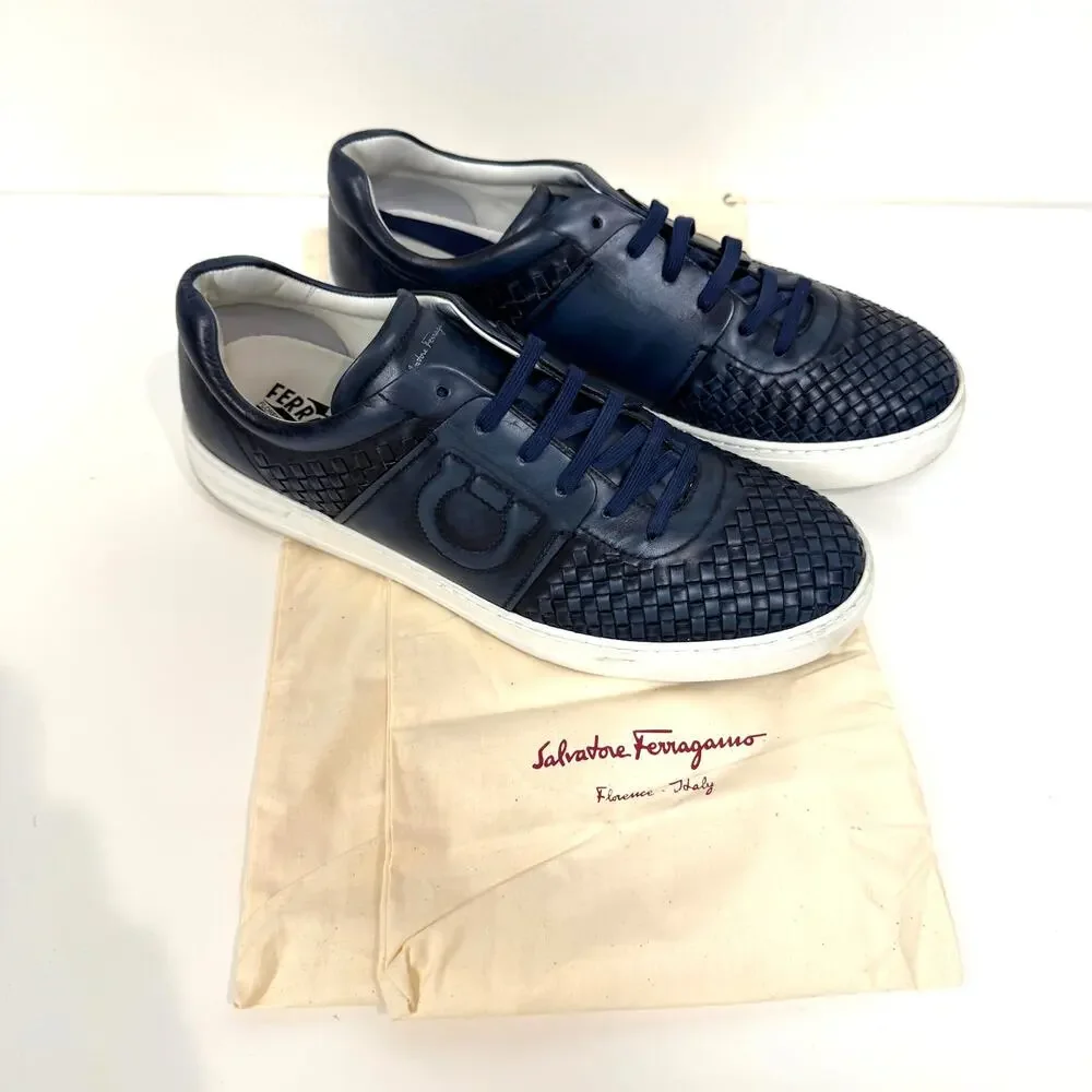 Salvatore Ferragamo Gancio Navy Blue Woven Low Top Sneaker 11 White Sole Shoes